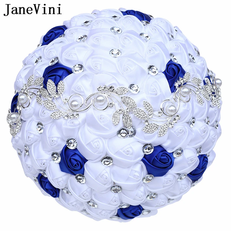 JaneVini New Luxury Silver Rhinestone Wedding Bouquets White Satin Roses Flowers Artificial Bridal Hand Fake Bouquet Accessories