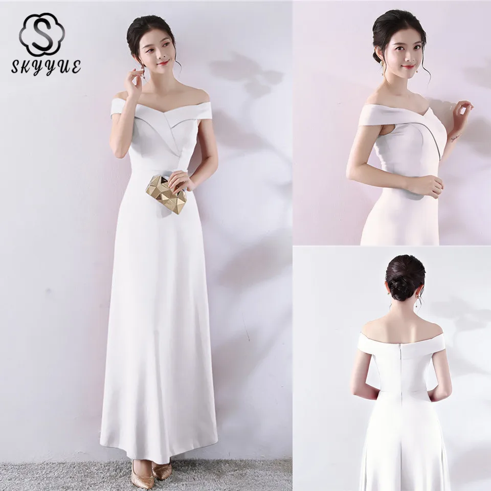 

Skyyue Evening Dress 2019 Off Shoulder Sleeveless Formal Dresses Evening Gown Solid Empire A-Line Robe De Soiree C145-DS1