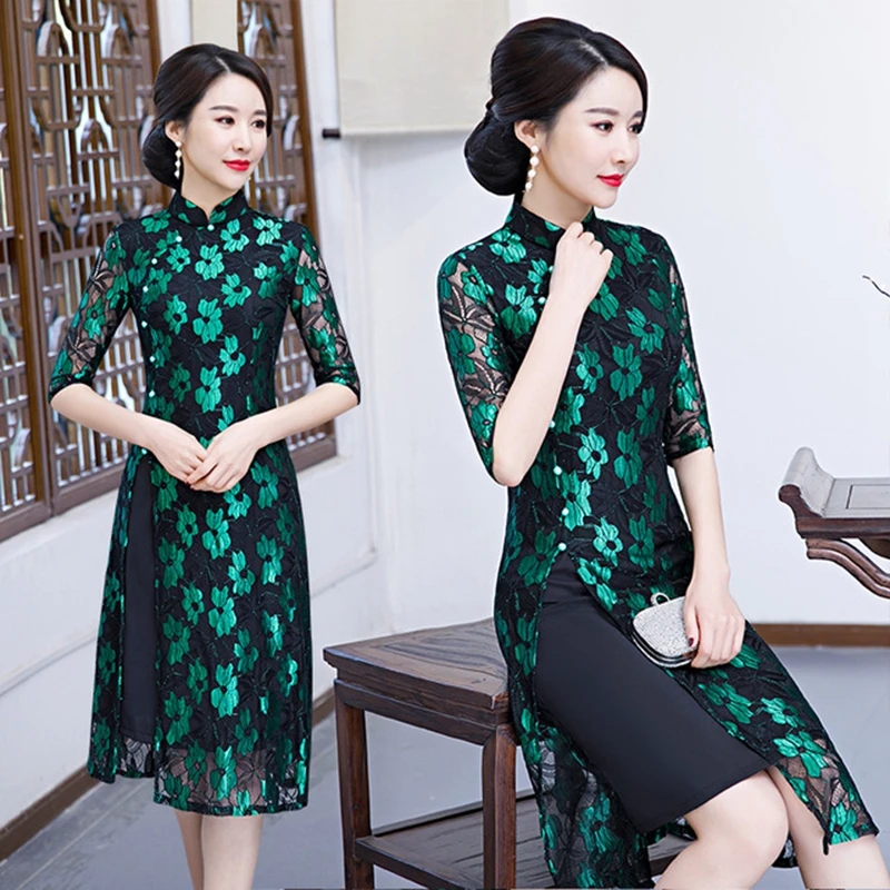Китайское традиционное ежедневное улучшение ретро темперамент женское Aoqi cheongsam новое место элегантное тонкое повседневное кружевное платье cheongsam