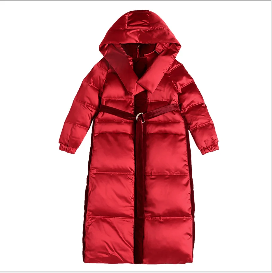 

Women Ultra Light Duck Down Jacket Red/Black Extra Long Winter Puffer Coat with Hood Slim Belted Parka Outerwear Overcoats Lady