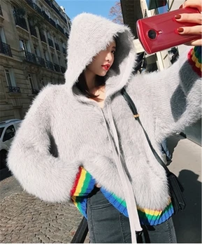 

New Kawaii Mink Fleece Hooded Pullover Sweater Women Korean Loose Solid Color Patchwork Furry Female Coat Sweaters Top 2020