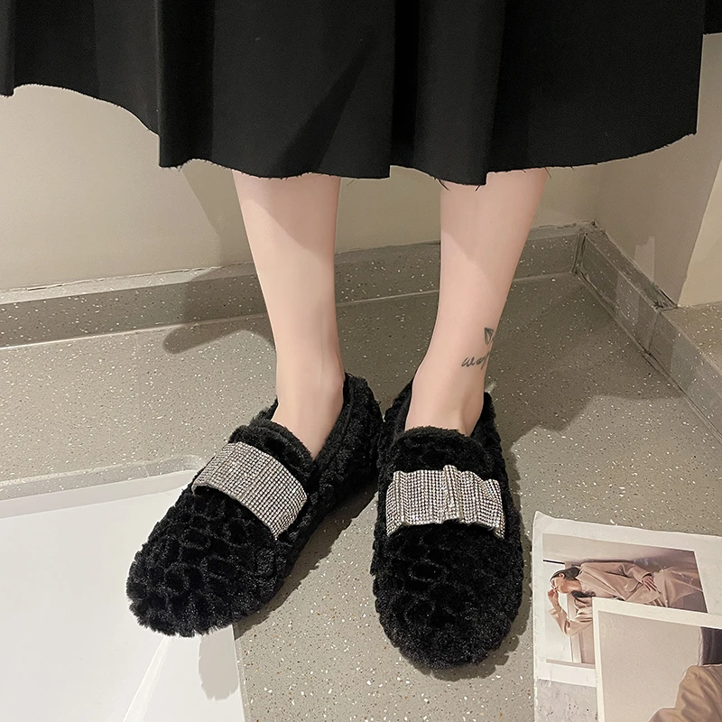 Loafers Women's Autumn and Winter 2022 New Style Plus Velvet Outer Wear Fashionable Versatile Comfortable Warm Flat Shoes Women