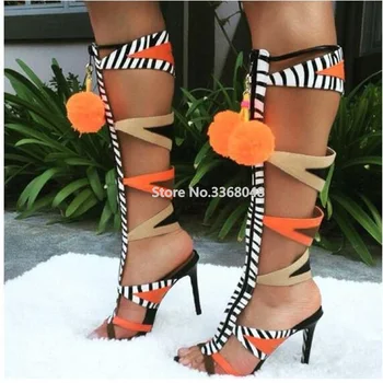 

Black White Strips Mixed Colors High Heels Peep Toe Sandal Boots Cute Pom-pom Fashion Front Zip Hollow Out Woman Summer Boots