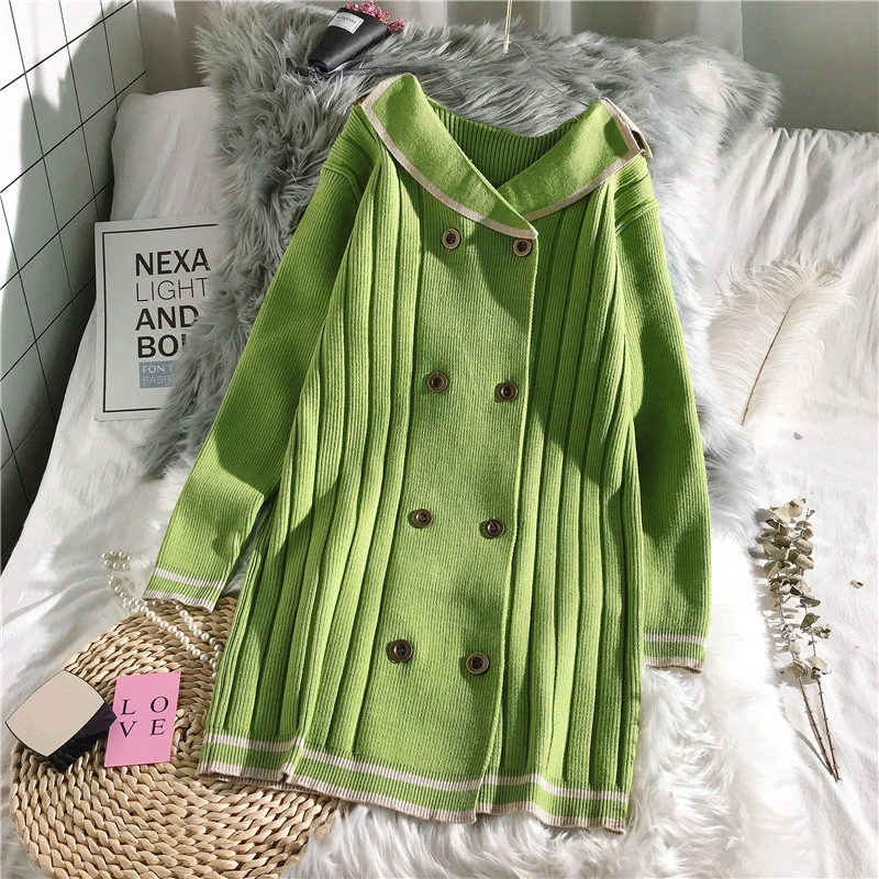 winter new knitted women sweater and cardigan turn-down collar solid double breast solid lady female outwear coat tops