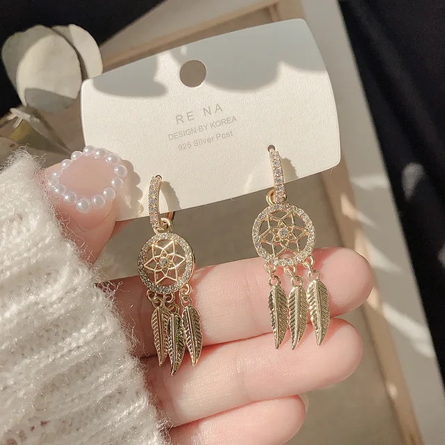 Fancy Hollow Dream Catcher Leaf Feather Shiny Crystals Drop Dangle Earrings For Women Party Jewelry Korean Hanging CZ Earrings Earring