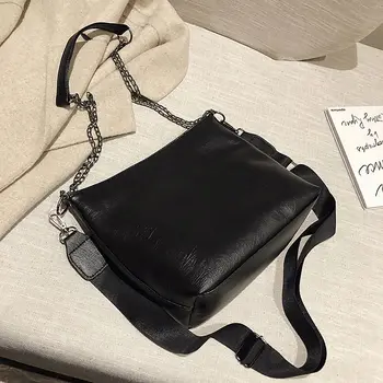 

Women Large Bags Simple Pure Color Large-capacity PU Handbag All-match Chains Design Bucket Shoulder Bag Travel Messenger Bag