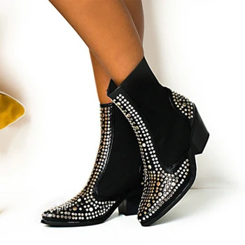 

2020 Sexy Rivet Ankle Boots Women Shoes Fashion Square Heels Short Chelsea Boots Elastic Autumn Winter botas zapatos de mujer