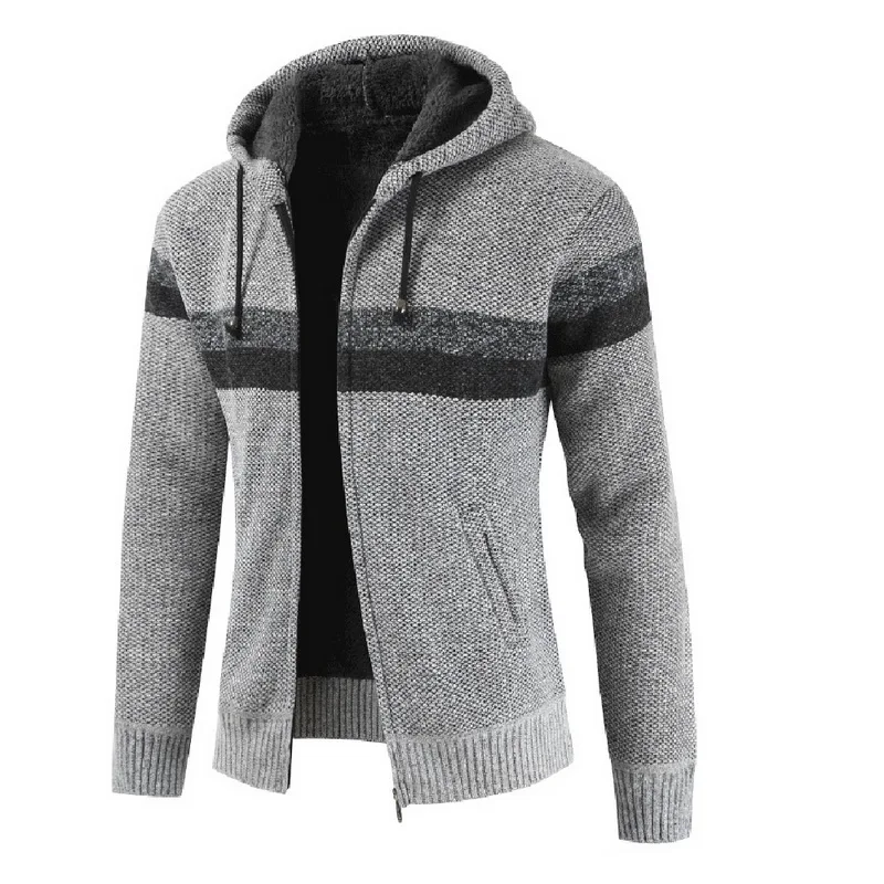 SFIT Mens Slim Fit Stand Collar Zipper Striped Hooded Streetwear Warm Knitwear Long Sleeve Knitted Hoodie Sweater Jacket Coats