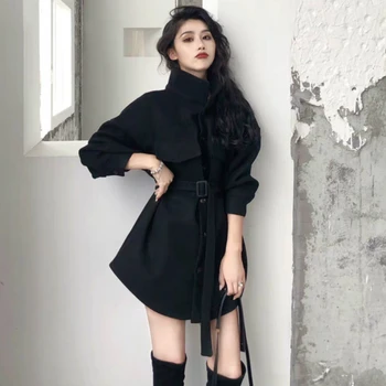 

Women Autumn Winter black Long Woolen blended Coat slim Overcoat with waistbelt turn down collar cloak