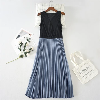 

V Neck Cross Lace Pleated Dress Elastic Waist Long Slip Dress Big Hem Underskirt Sleeveless Inner Dress Autumn and Winter Women
