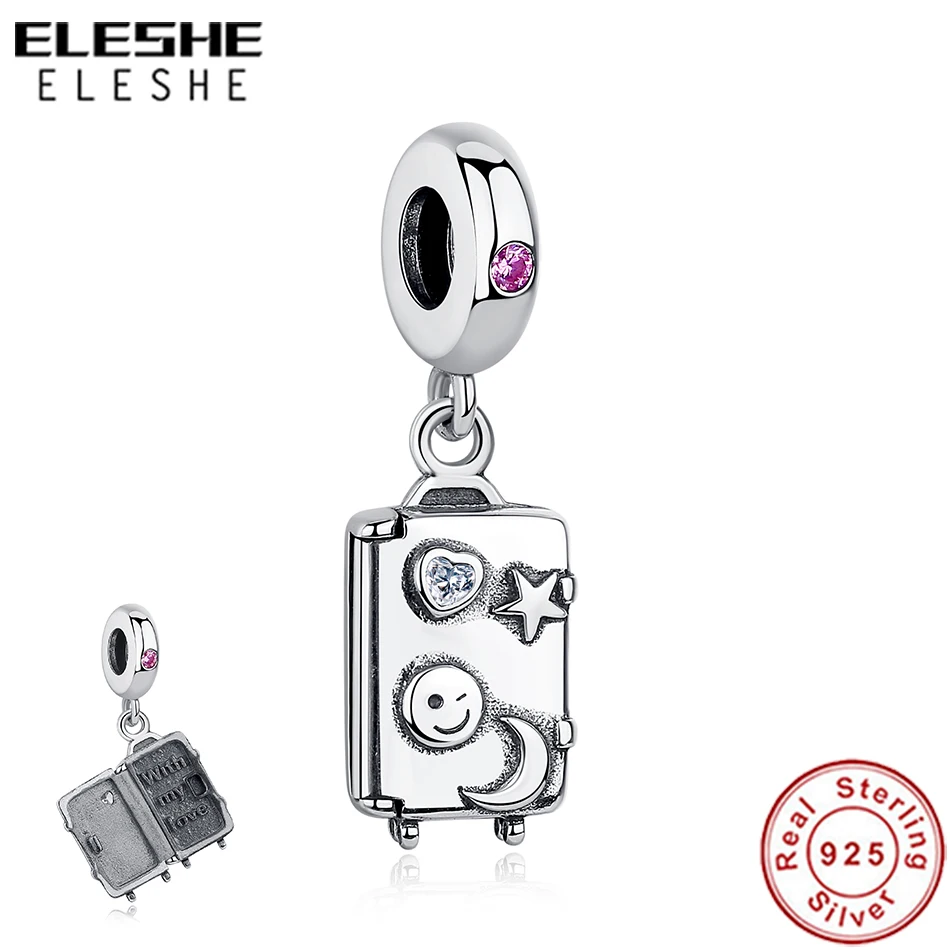 

925 Sterling Silver Bead Charm Travel The World Suitcase with Moon Star Charm Fit Original Pandora Bracelet Necklace DIY Jewelry