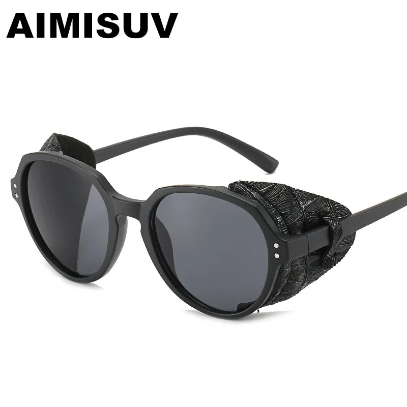 AIMISUV, Ретро стиль, стимпанк, солнцезащитные очки для мужчин,, модные, кожаные, с боковыми щитами, стильные, круглые, солнцезащитные очки для женщин, UV400