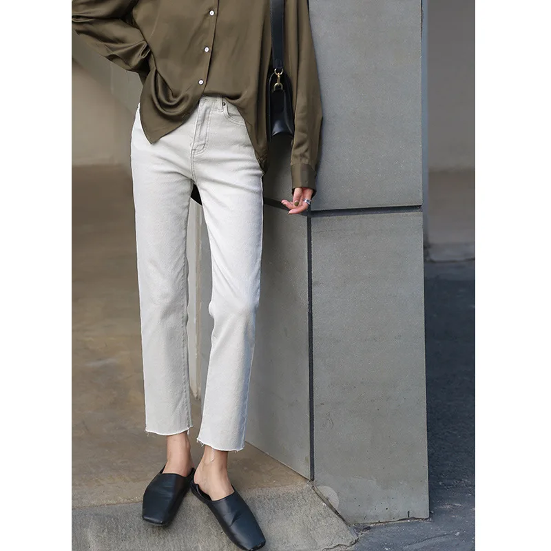 

2019 Winter High Waisted Jeans Ankle-Length Pants Straight Casual Zipper Fly Distressed Jeans Ripped Jeans for Women