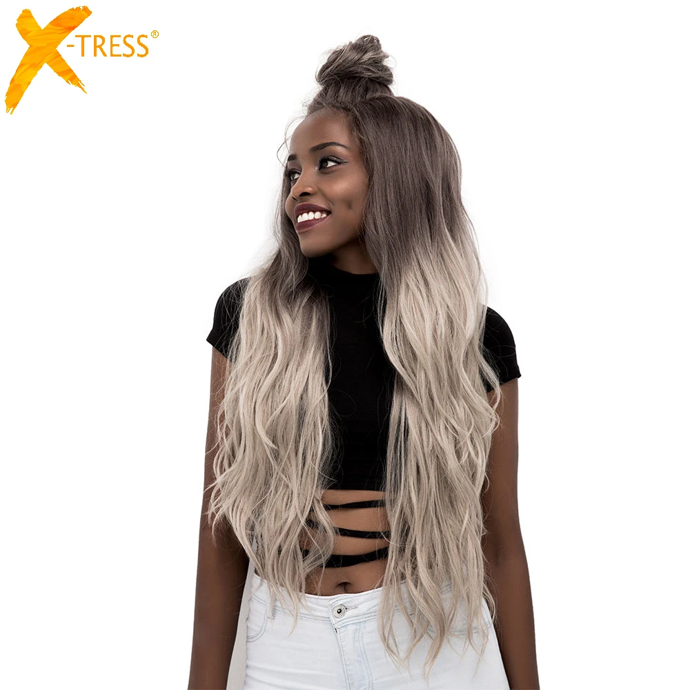 Wigs Hair-X-Tress Body-Wave Lace-Front Grey-Color Synthetic Free-Part Brown Purple Ombre