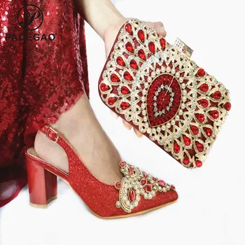 

Nigerian Design Shoes and Bags To Match Set African Women Wedding Shoes and Bags Sets Decorate with Rhinestone for Party