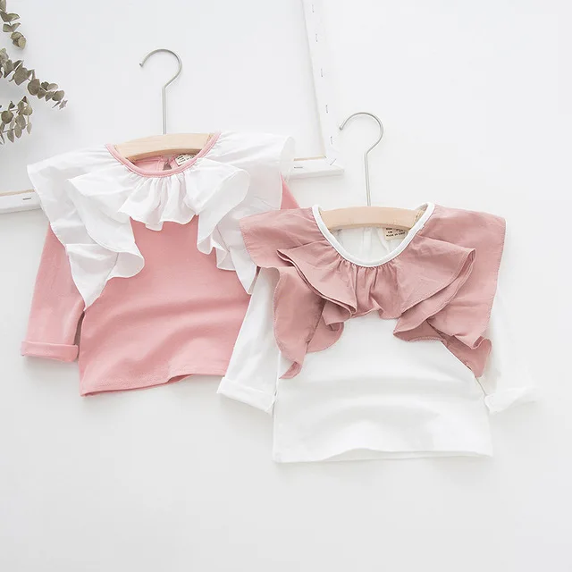 

Autumn New Arrival Girls Tops Cotton Korean Ruffled Long Sleeves Shirt for Girls Kids Clothing Toddler Baby Tshirts Fashion Tees