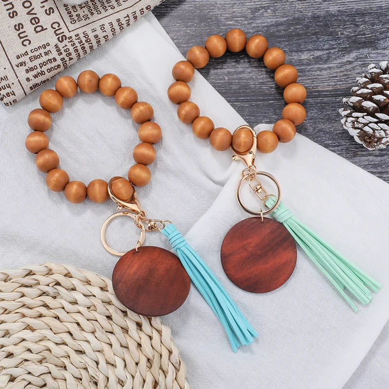 Wooden Keychain Bracelet Wooden Beads Keyring Wooden Key Keyrings