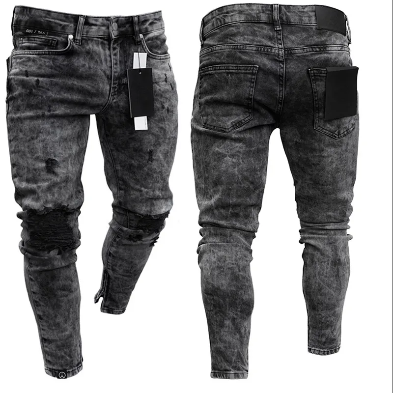 Pantalones vaqueros ajustados de alta elasticidad para hombre, Jeans de motorista rasgados negros, Boca de pie con cremallera, pantalones largos informales para trotar, 2020