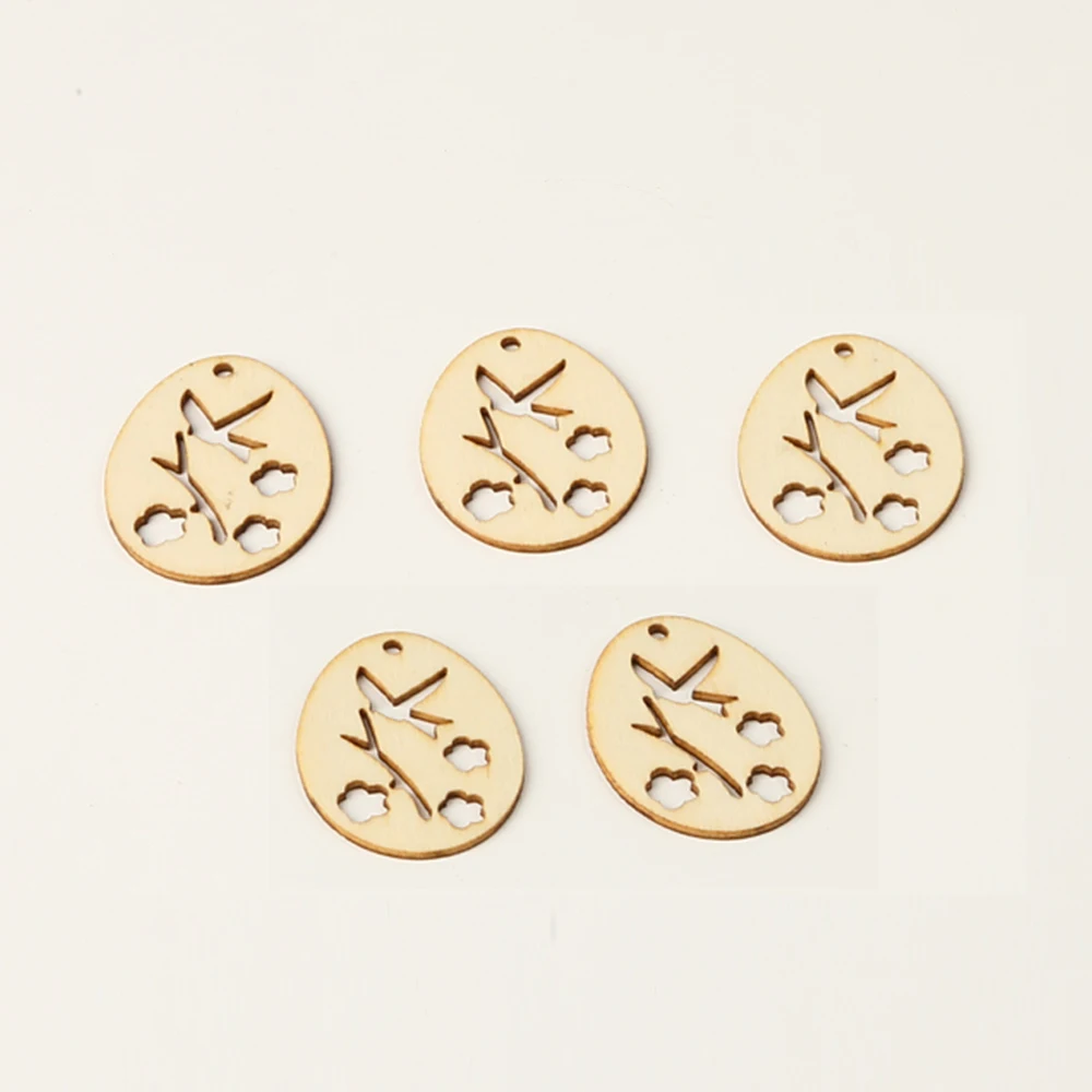 50PCS Different Patterns Easter Eggs Wooden Craft Hollow Eggs with Top Hole Wood Chip Tag for Home Decoration Handmade Wood Tag