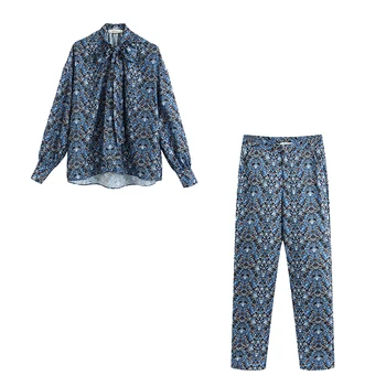 

Women Two Piece Long Pants Outfits Plus Size Women Blouse Pants Set Floral High Waist Trousers Shirt Sets Spring WB2095