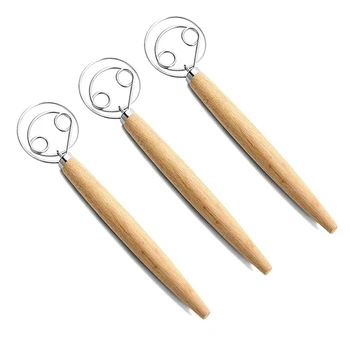 

3 Pieces Stainless Steel Dough Whisk Danish Dough Whisk Wooden Bread Whisk for Kitchen Baking