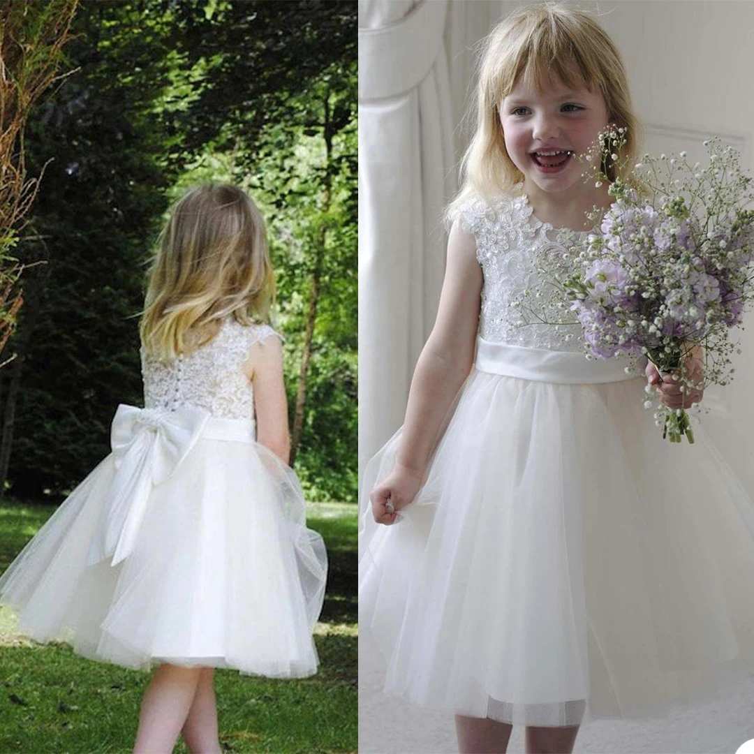 

Classic Tulle Flower Girl Dress With Bow Lace Appliques Long Sleeve For Wedding Birthday Ball Gown First Holy Communion Dresses