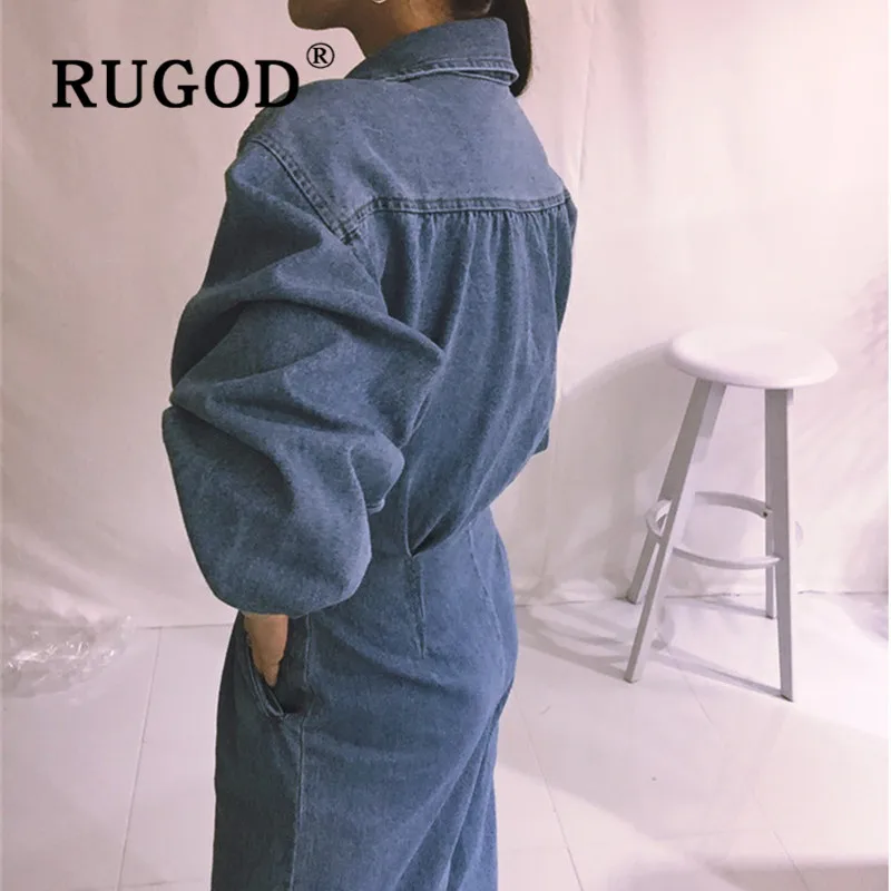 RUGOD джинсовый комбинезон с отложным воротником, сборная Талия, широкие ноги, одежда с длинным рукавом, Комбинезоны для женщин, мода