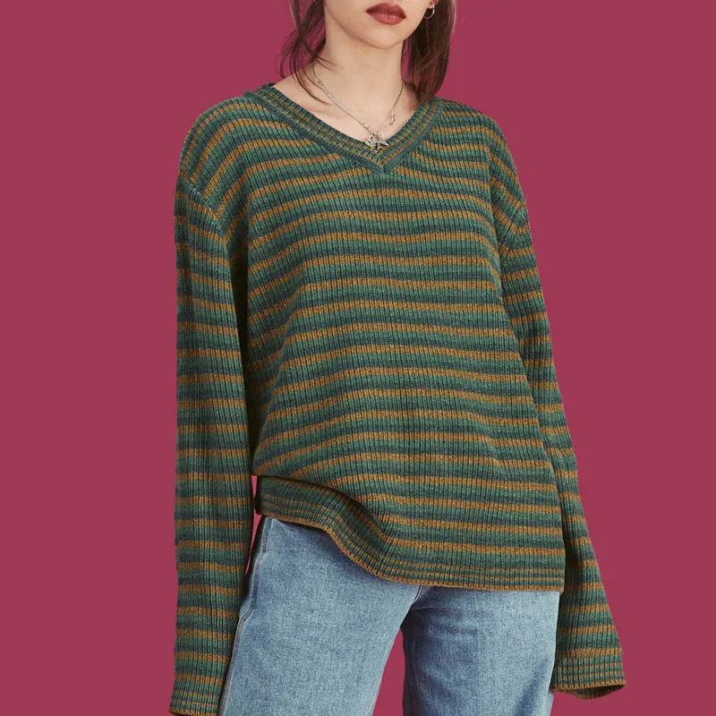 green striped jumper Осенне-зимний трикотажный пуловер Джемпер женский классический винтажный негабаритный свитер для девочек панк Модный женский полувер - Цвет: green striped jumper