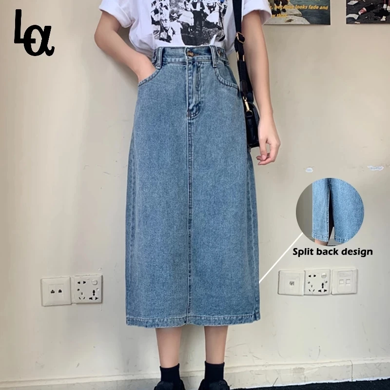 Luck A-Falda vaquera larga Retro Para niña y mujer, falda larga de cintura alta con botones y bolsillos, Vaqueros rectos de talla grande
