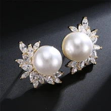 Классические большие круглые серьги-гвоздики из искусственного жемчуга для женщин, блестящие циркониевые кристаллы, Свадебные вечерние модные ювелирные изделия CE1855E