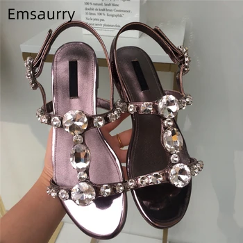 

New Color 2020 Genuine Leather Summer Shoes Woman Jeweled Diamond T-strap Flat Beach Shoes Rhinestone Sandals Women