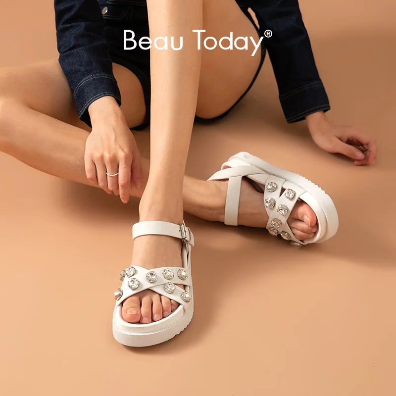 Женские босоножки с ремешком на щиколотке BeauToday летние повседневные туфли ручной