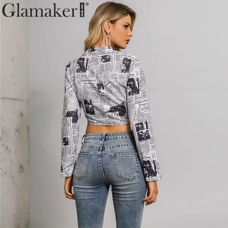 Glamaker, модная блузка с буквенным принтом и галстуком-бабочкой, рубашка, Женская Осенняя облегающая блузка с длинным рукавом, женские сексуальные вечерние короткие топы
