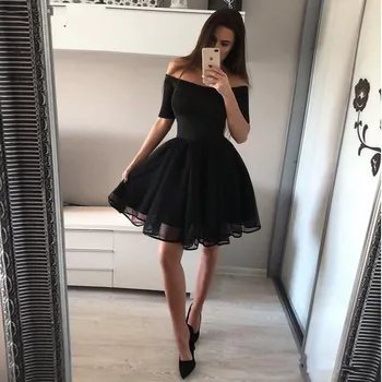 

Hot A Line Black Homecoming Dresses Off the Shoulder Half Sleeve Graduation Homecoming Gown Chic Little Black Dress YSAN217