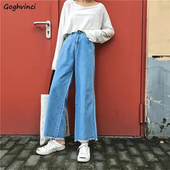 

Jeans Women Oversize Simple Solid Denim High Quality Korean Style Wide Leg Trousers Zipper All-match Ankle-Length Womens Soft