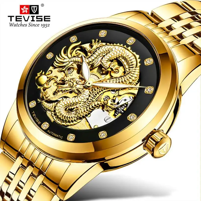 

Tevise Luxury Golden Dragon Skeleton Design Mens Watches Stainless steel Automatic Mechanical Watch Male Clock relogio masculino