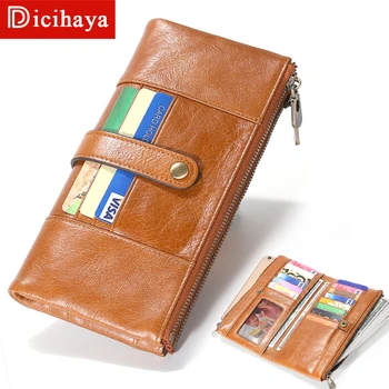 

Men Genuine Leather Double Zip Coin Pocket Buckle Long Clutch Wallet Solid Color Multi-card Holder RFID anti-theft Brush Wallet