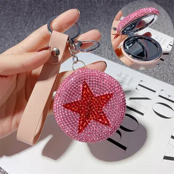 

Handmade Crystal Round Portable Makeup Mirror Keychain Women Rhinestone Leather Lanyard Star Bag Charms Pendant Key Ring Holder