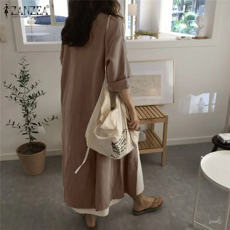 Стильная женская длинная рубашка с отложным воротником Vestido ZANZEA, весенний кардиган на пуговицах с длинным рукавом, повседневная однотонная блуза, Свободный Топ, блузы