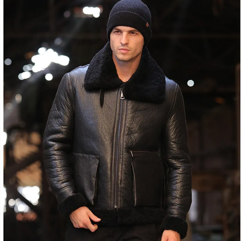 Черный Пальто с мехом Для Мужчин's Shearling куртка B3 летная куртка короткой меховой кожаный жакет импортируется из шерсти из Австралии Для мужчин из овчей солнцезащитные очки-авиаторы - Цвет: Черный