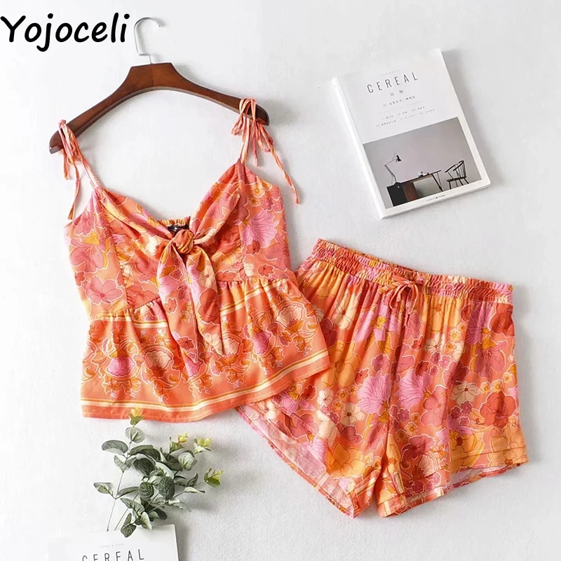 Yojoceli, сексуальный принт, бохо, бант, короткий комбинезон, комплект из двух частей, летний, элегантный, повседневный, крутой спортивный костюм, пляжный, Повседневный, на бретелях, комбинезон