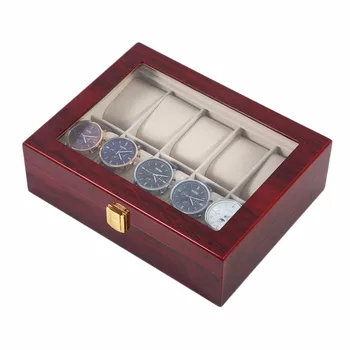 

Practical 10 Grids Wooden Watch Box Durable Home Jewelry Display Collection Storage Case Watch Organizer Box Red