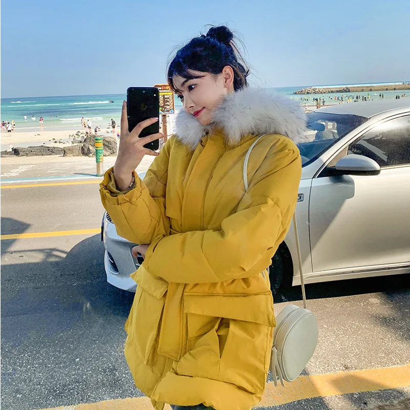 

2019 New Style Mid-length Simple Elegant Warm Waist Hugging Large Pocket Fur Collar down Jacket