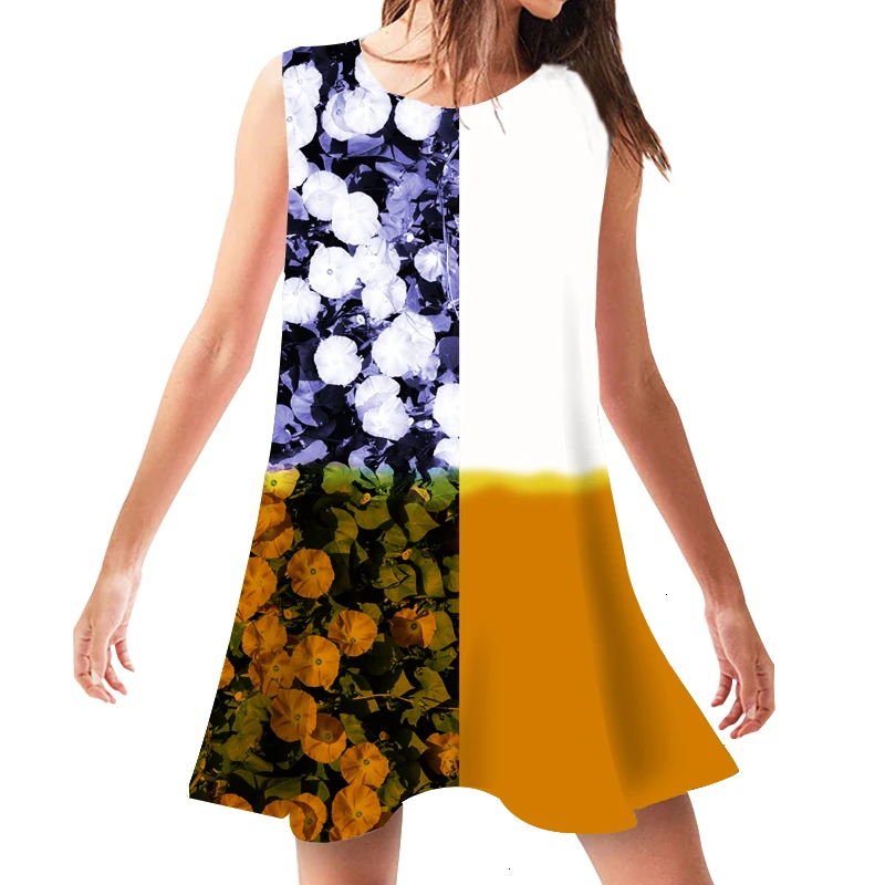 

Casual Sundress Summer Patchwork Plant Print Dress Female Dresses Sexy Sing Sleeveless Beach Wear 2019 New Loose Mujer