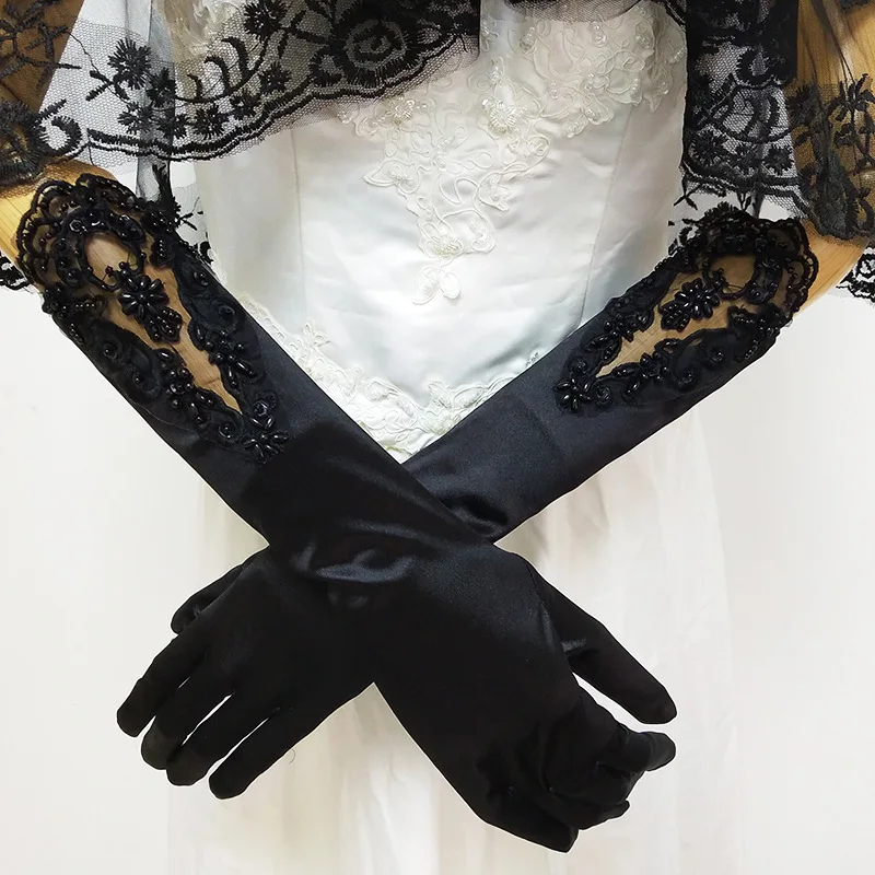 Black Свадебное платье из органзы, атласные перчатки, есть ссылка на манжету, мотив ручной работы, черный и белый цвет - Цвет: Black