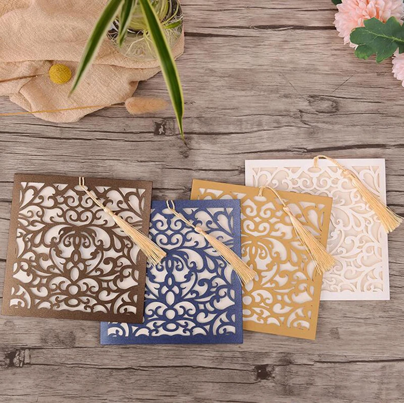 

50pcs Square Laser Cut Wedding Invitations Card Greeting Cards With Tassel Customize Wedding Decoration Party Favor Supplies