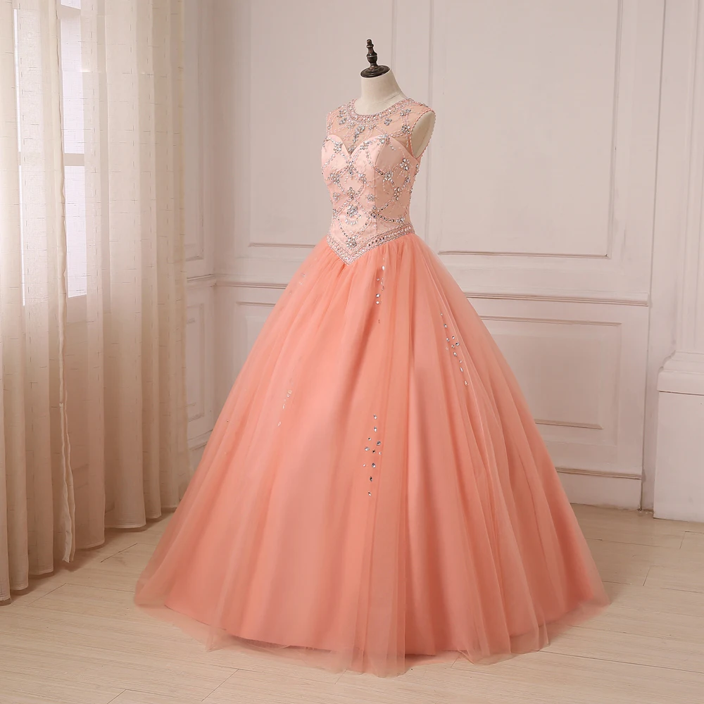 Quinceanera Dress Coral Scoop Sheer Neck Sleeveless Beaded Rhinestones Ball Gown Sweet 15 Dresses Tulle Party Gowns