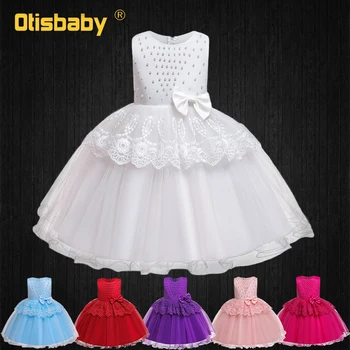 

Kids Princess Voile Lace Flower Girls Dresses with Beading Bow Infant Birthday Party Ball Gown 1 Years Newborn Christening Dress