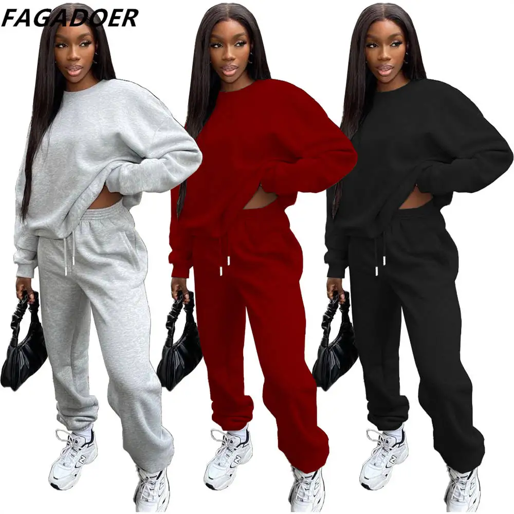 FAGADOER Casual Solid Sweatsuits Women Long Sleeve Pullover And