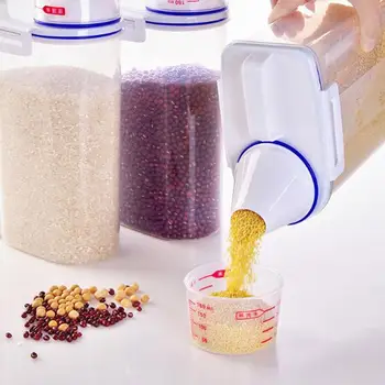 

Cereal Container Storage Rice Bucket Large Food PP Airtight Silicon Seal Flour Sugar Dry Clear Measuring Cup Kitchen Labels Lids